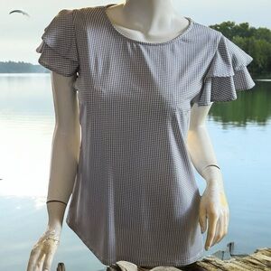 Adrianna Papell gingham checkered crew neck ruffle short sleeve shirt S